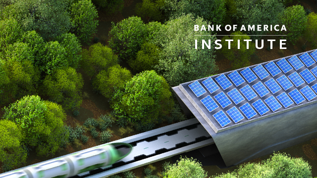 Modern train going through bridge covered with solar panels.