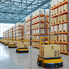 Automated guided vehicle (AGV) in a warehouse transporting boxes.